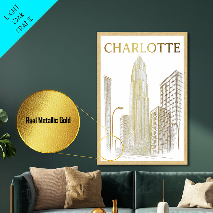 Charlotte North Carolina travel, Metallic Gold Print, Modern House Art, Metal Art, Wood Framed Art, Wanderlust Gift, Travel Art Prints