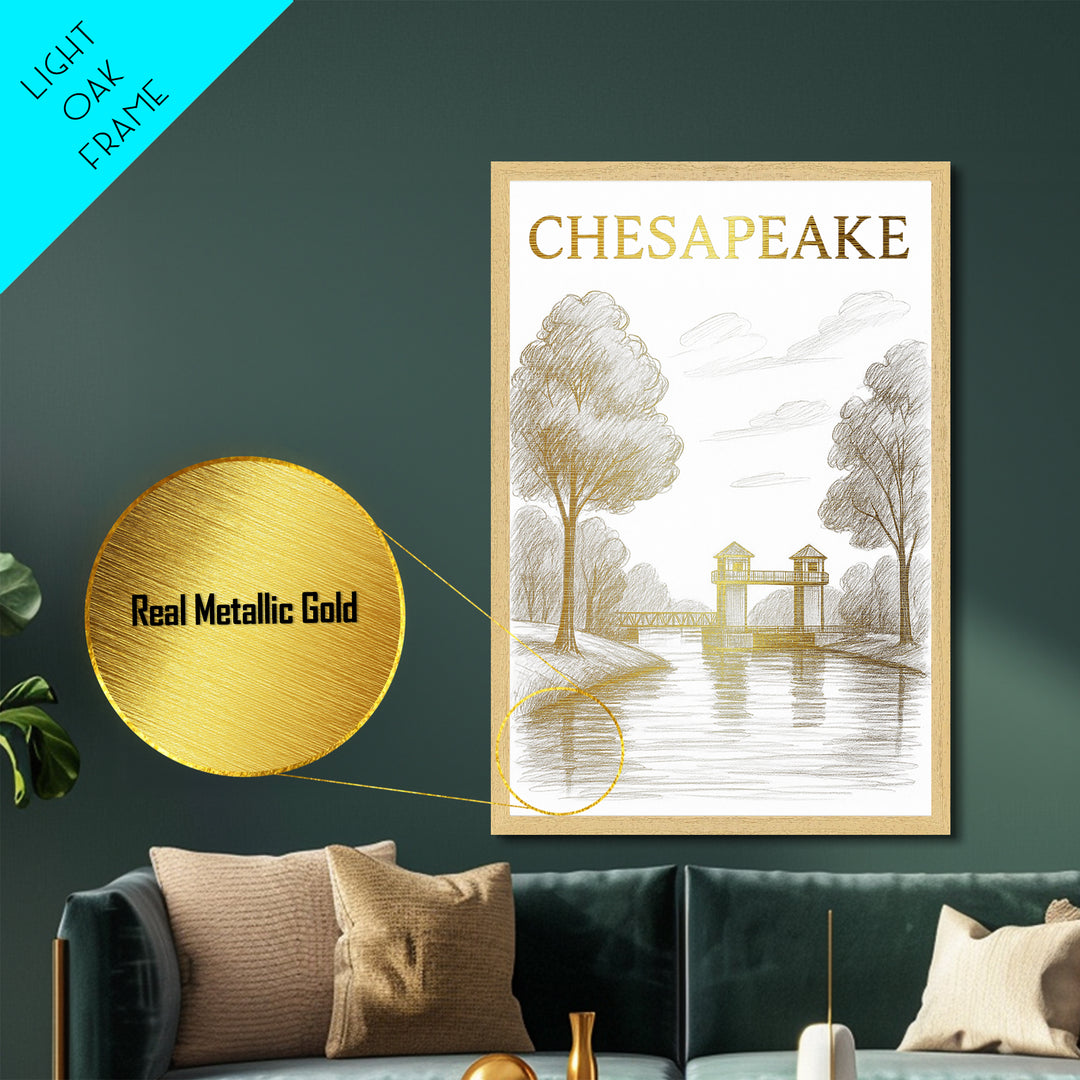 Chesapeake Virginia travel, Metallic Gold Print, College Dorm Décor, Metal Art, Wood Framed Art, Graduation Travel Gift, Traveler Gift