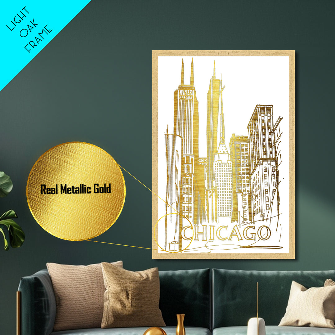 Chicago Illinois travel, Metallic Gold Print, Modern Skyline Wall Print, Metal Art, Wood Framed Art, Adventure Lover Gift, Travel Gift
