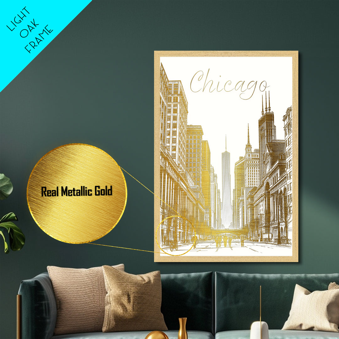 Chicago Illinois art, Metallic Gold Art, Housewarming Gift, Metal Art, Wood Framed Art, Newlywed Travel Gift, Honeymoon Gift