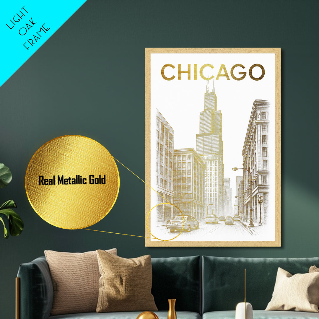 Chicago Illinois travel, Metallic Gold Print, Closing Gift, Metal Art, Wood Framed Art, Anniversary Travel Gift, Retirement Travel Gift