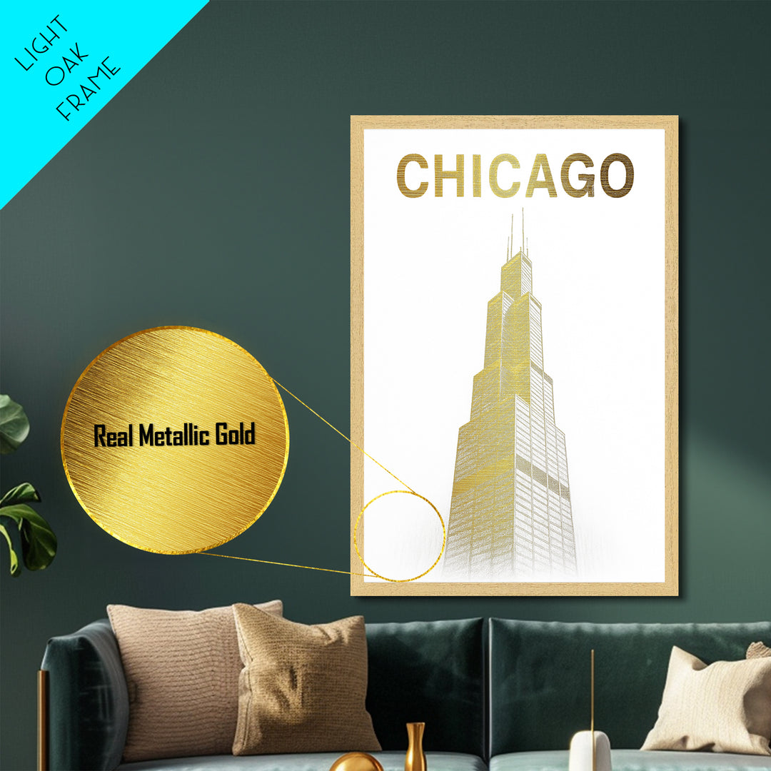 Chicago Illinois art, Metallic Gold Art, Office Decor, Metal Art, Wood Framed Art, Graduation Travel Gift, Destination Gift