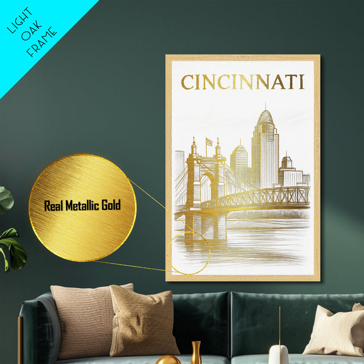 Cincinnati Ohio travel, Metallic Gold Print, Modern House Art, Metal Art, Wood Framed Art, Wanderlust Gift, Travel Art Prints