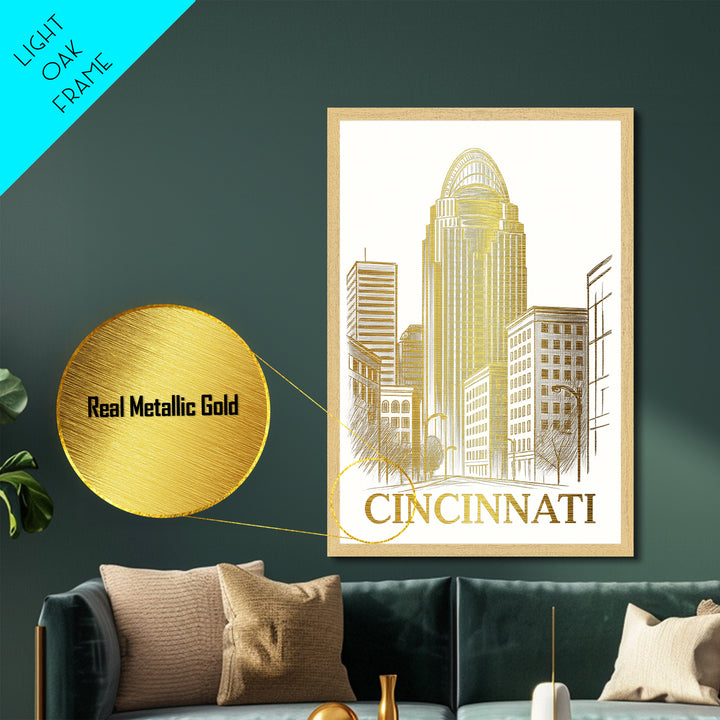 Cincinnati Ohio art, Metallic Gold Art, Travel Art Prints, Metal Art, Wood Framed Art, Adventure Lover Gift, Traveler Gift