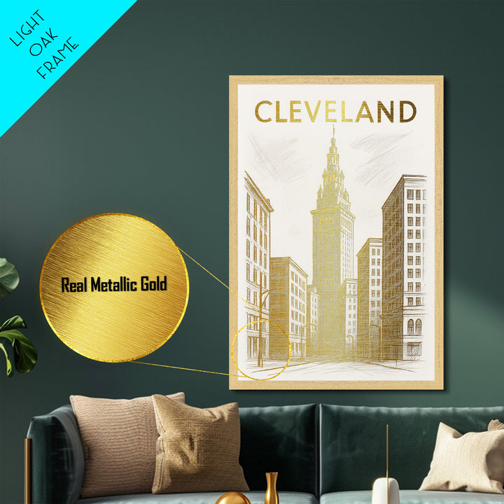 Cleveland Ohio travel, Metallic Gold Print, Modern Skyline Wall Print, Metal Art, Wood Framed Art, Adventure Lover Gift, Travel Gift