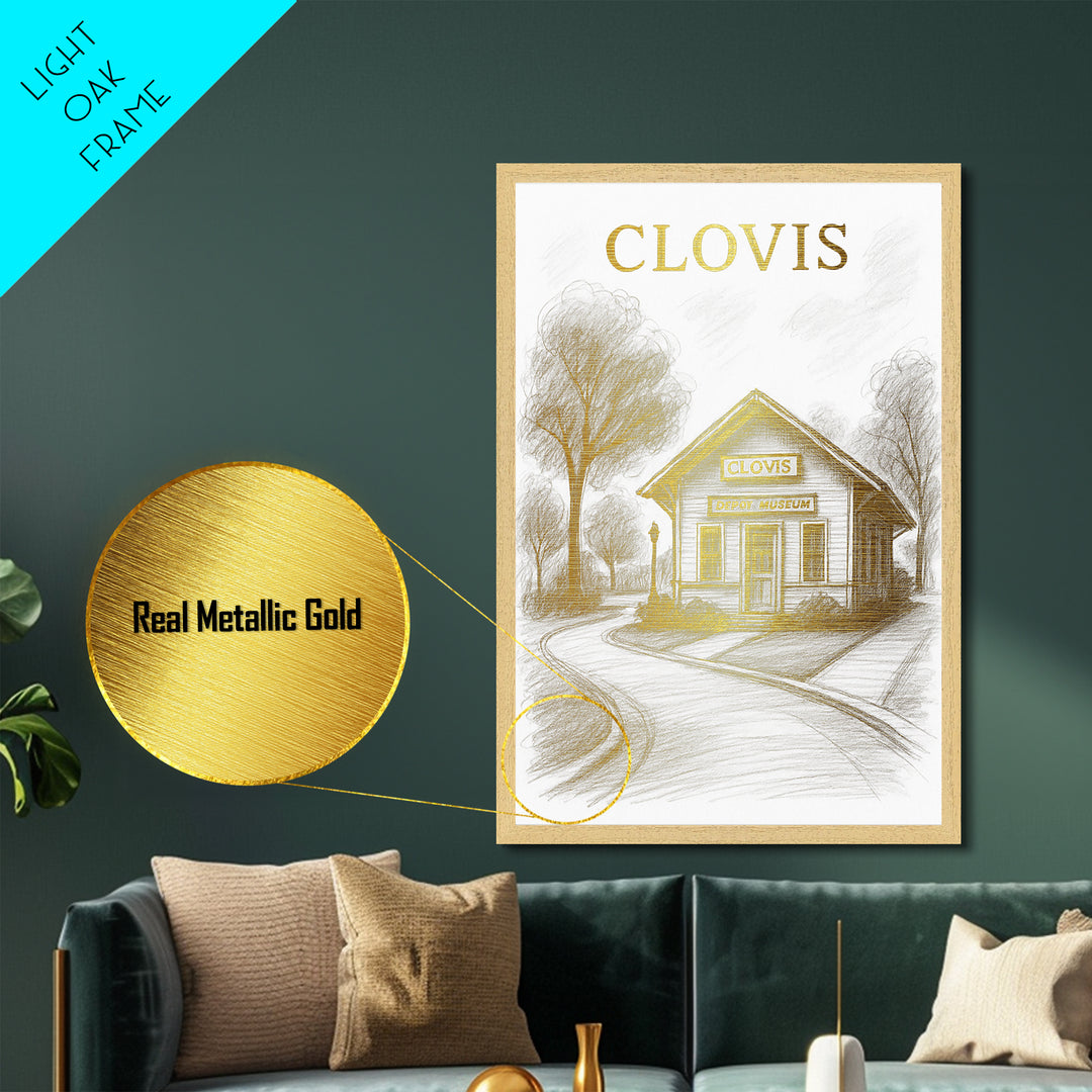 Clovis California travel, Metallic Gold Print, Modern House Art, Metal Art, Wood Framed Art, Traveler Gift, Destination Gift