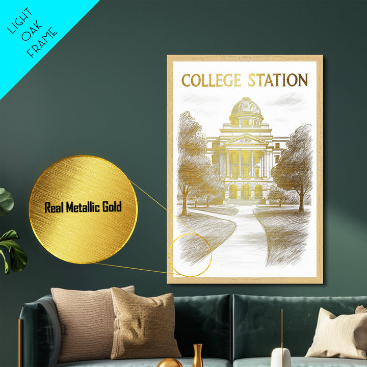 College Station Texas travel, Metallic Gold Print, College Dorm Décor, Metal Art, Wood Framed Art, Graduation Travel Gift, Traveler Gift