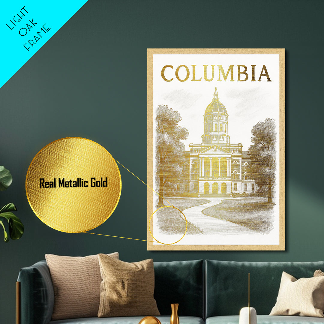 Columbia Missouri art, Metallic Gold Art, Modern House Art, Metal Art, Wood Framed Art, Graduation Travel Gift, Travel Gift