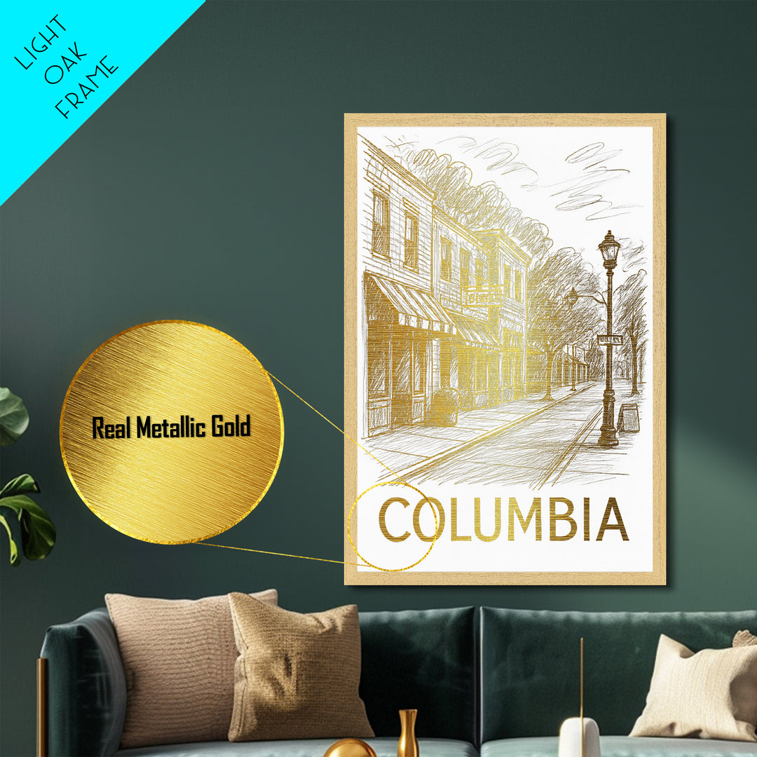 Columbia South Carolina travel, Metallic Gold Print, Modern Skyline Wall Print, Metal Art, Wood Framed Art, Adventure Lover Gift