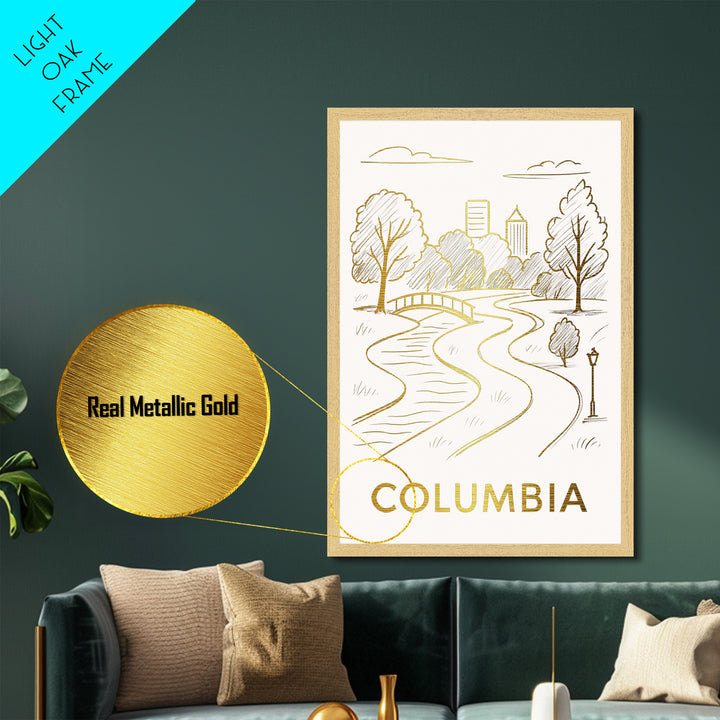 Columbia South Carolina art, Metallic Gold Art, Housewarming Gift, Metal Art, Wood Framed Art, Newlywed Travel Gift, Honeymoon Gift
