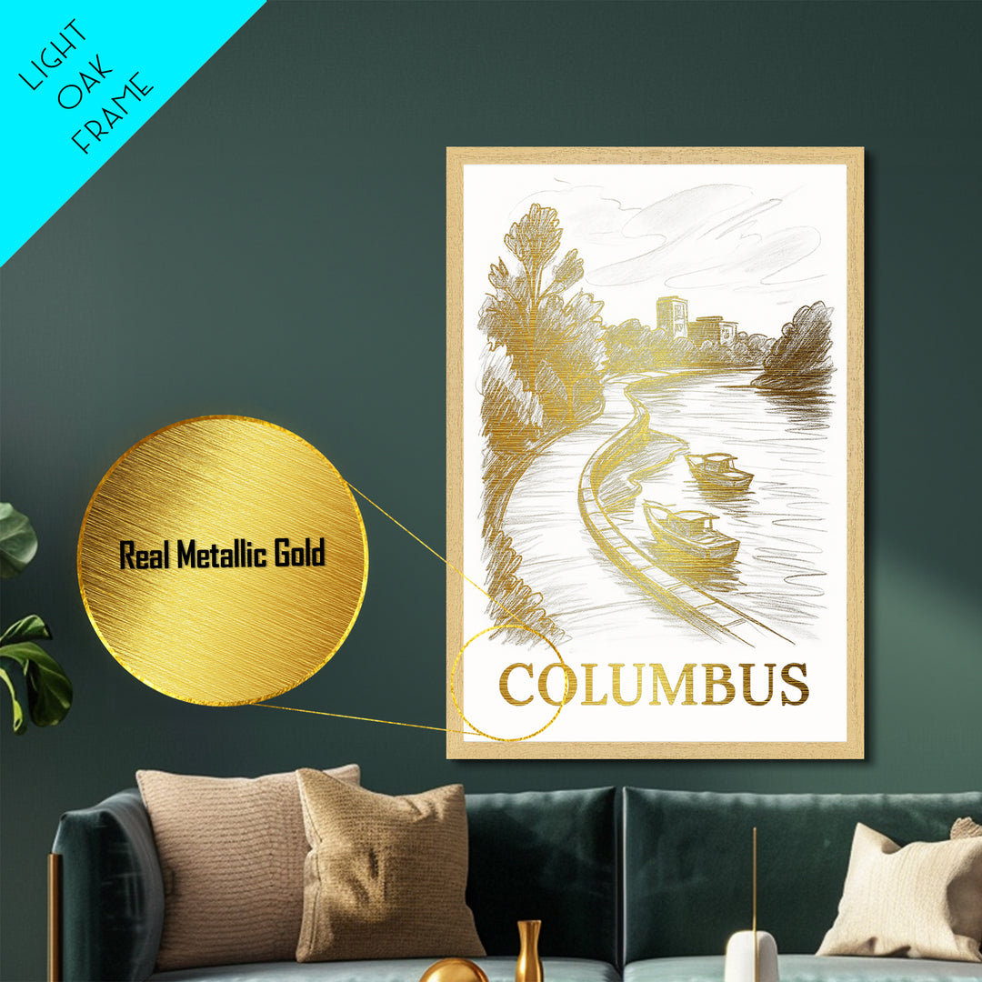 Columbus Ohio travel, Metallic Gold Print, Modern Skyline Wall Print, Metal Art, Wood Framed Art, Adventure Lover Gift, Travel Gift