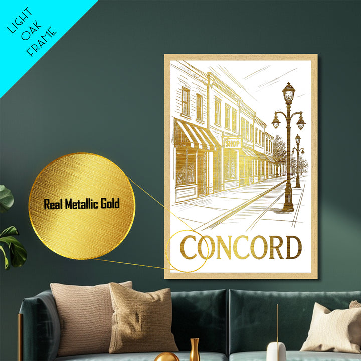 Concord North Carolina travel, Metallic Gold Print, Closing Gift, Metal Art, Wood Framed Art, Anniversary Travel Gift, Retirement Gift