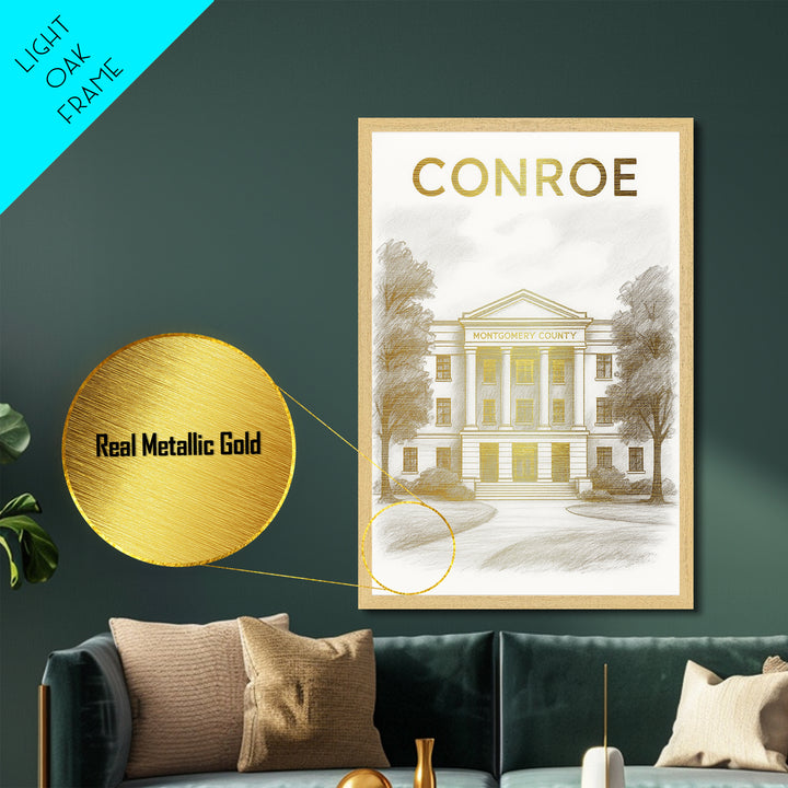 Conroe Texas travel, Metallic Gold Print, Modern House Art, Metal Art, Wood Framed Art, Wanderlust Gift, Travel Art Prints