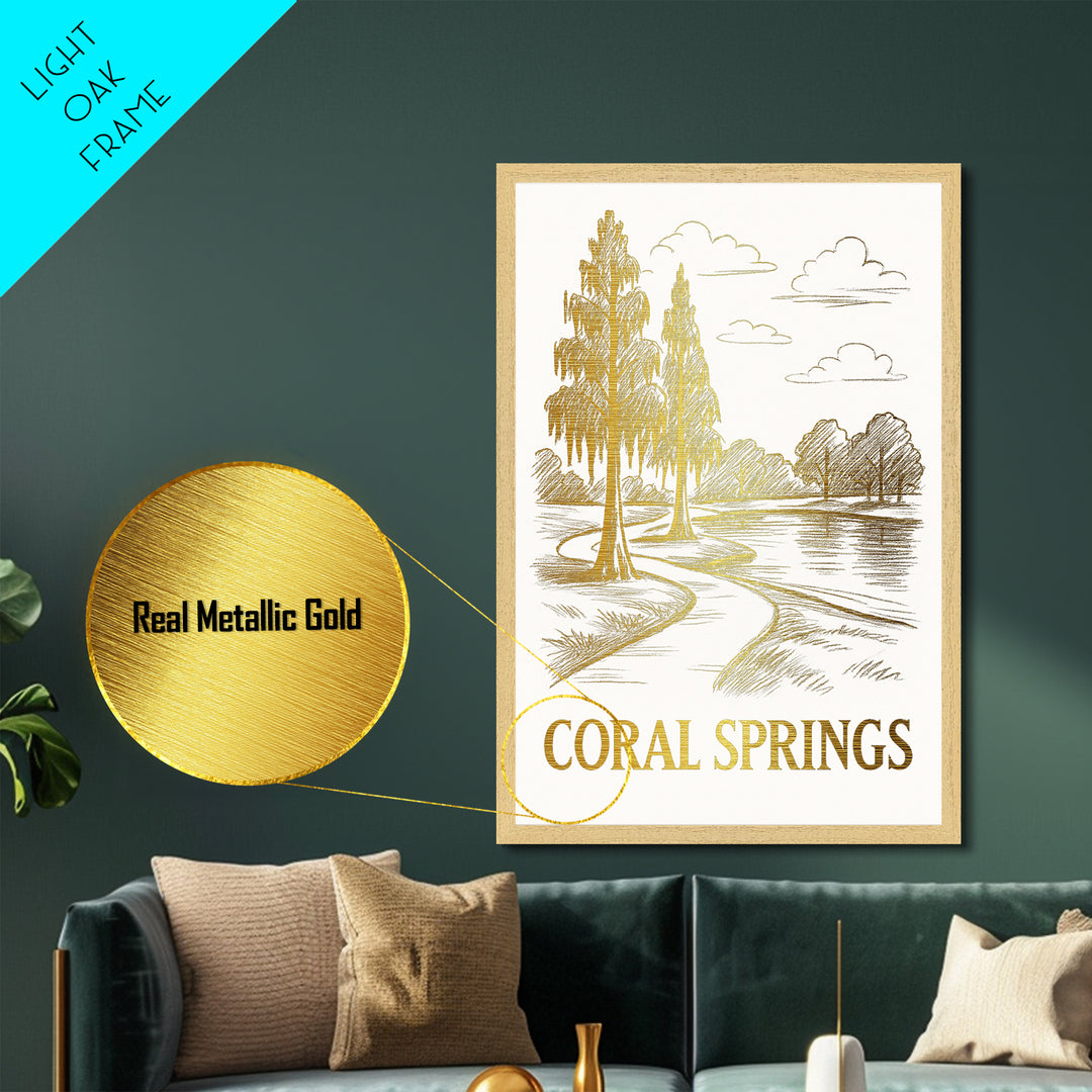 Coral Springs Florida art, Metallic Gold Art, Travel Art Prints, Metal Art, Wood Framed Art, Adventure Lover Gift, Traveler Gift