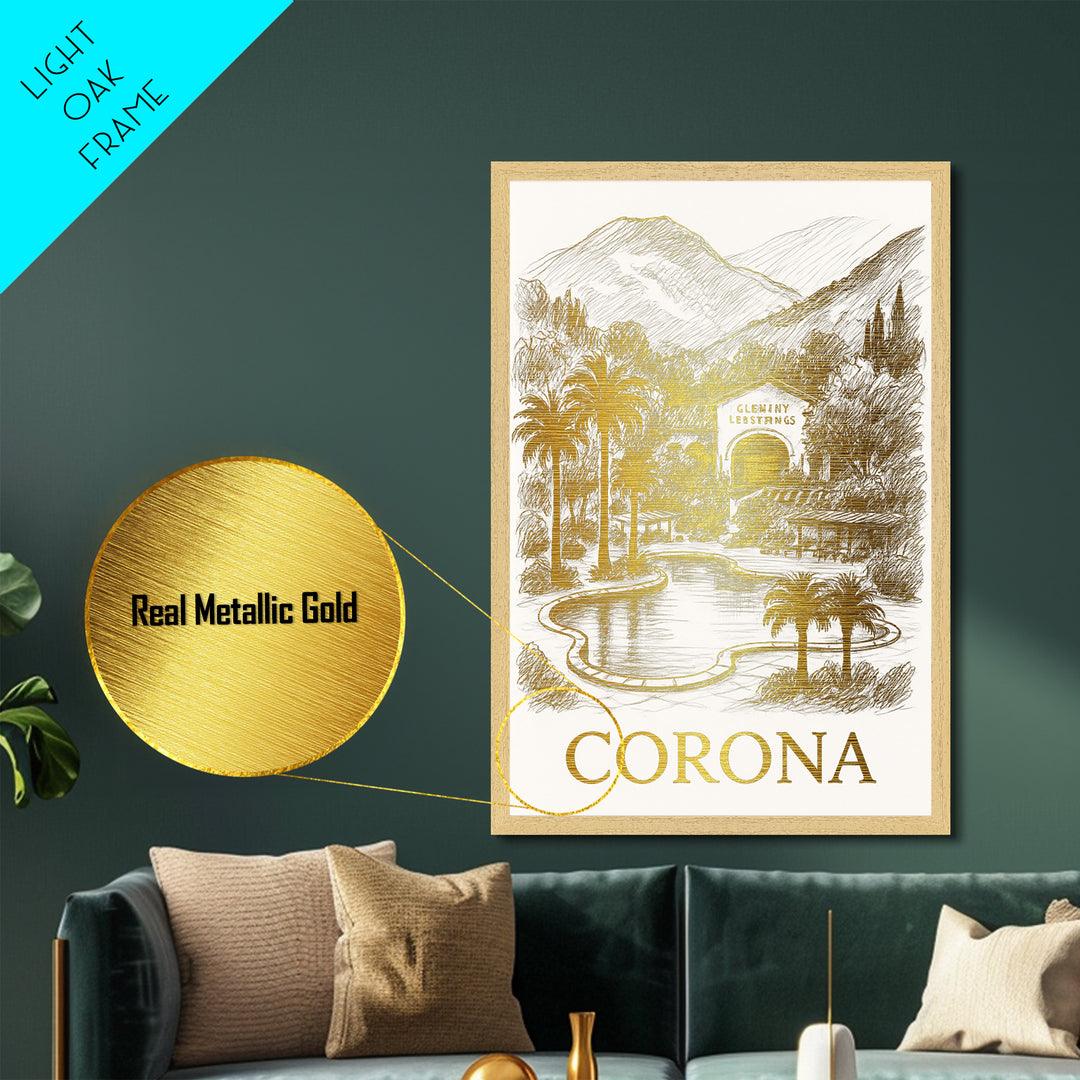 Corona California art, Metallic Gold Art, Modern House Art, Metal Art, Wood Framed Art, Graduation Travel Gift, Travel Gift