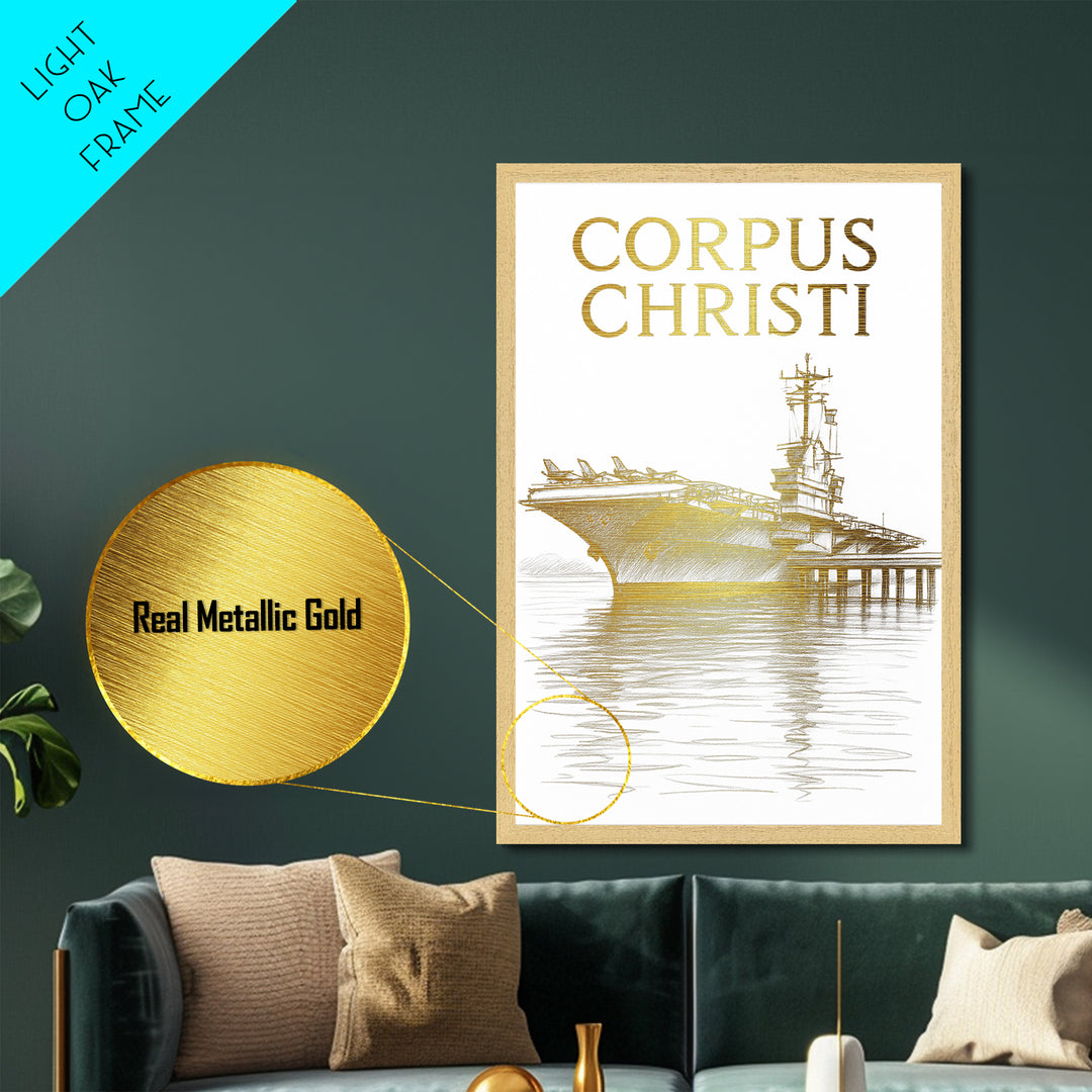 Corpus Christi Texas travel, Metallic Gold Print, College Dorm Décor, Metal Art, Wood Framed Art, Graduation Travel Gift, Traveler Gift