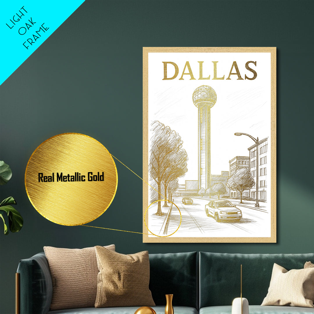 Dallas Texas travel, Metallic Gold Print, Modern House Art, Metal Art, Wood Framed Art, Traveler Gift, Destination Gift