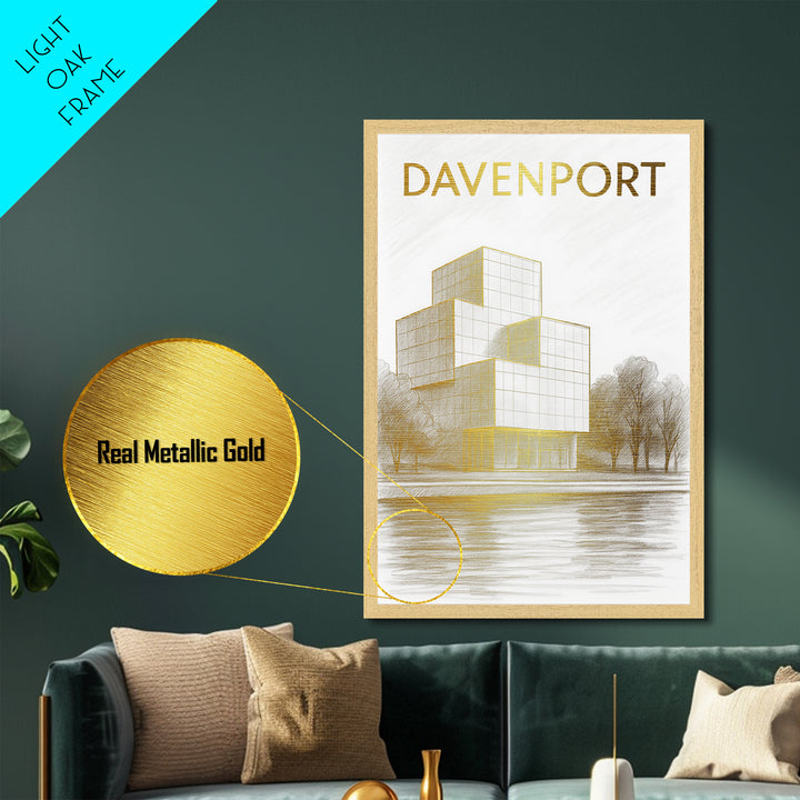 Davenport Iowa travel, Metallic Gold Print, Modern House Art, Metal Art, Wood Framed Art, Traveler Gift, Destination Gift