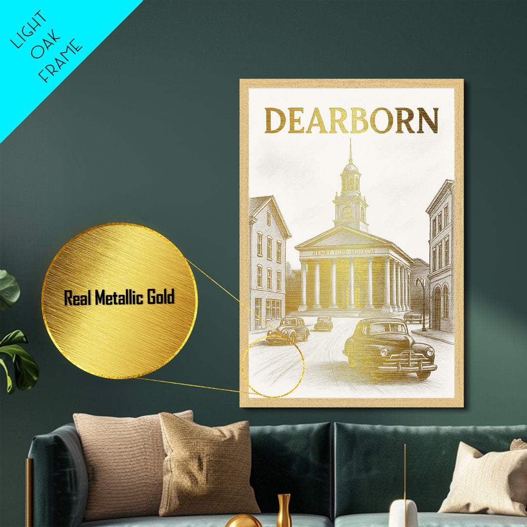 Dearborn Michigan travel, Metallic Gold Print, Modern House Art, Metal Art, Wood Framed Art, Traveler Gift, Destination Gift