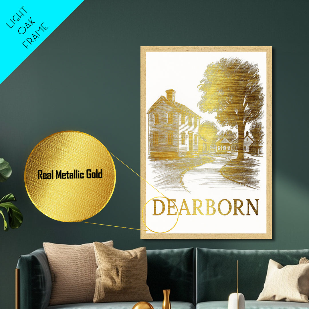 Dearborn Michigan art, Metallic Gold Art, Modern House Art, Metal Art, Wood Framed Art, Graduation Travel Gift, Travel Gift