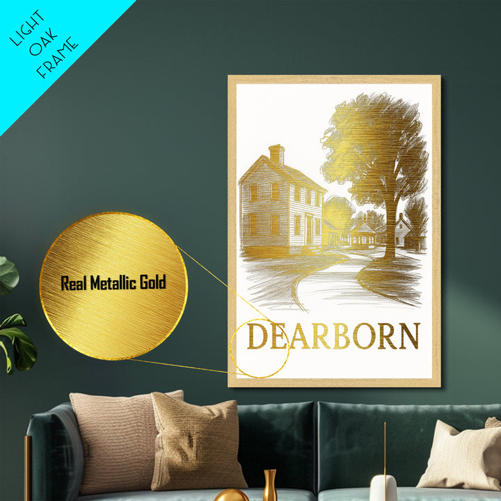 Dearborn Michigan art, Metallic Gold Art, Modern House Art, Metal Art, Wood Framed Art, Graduation Travel Gift, Travel Gift