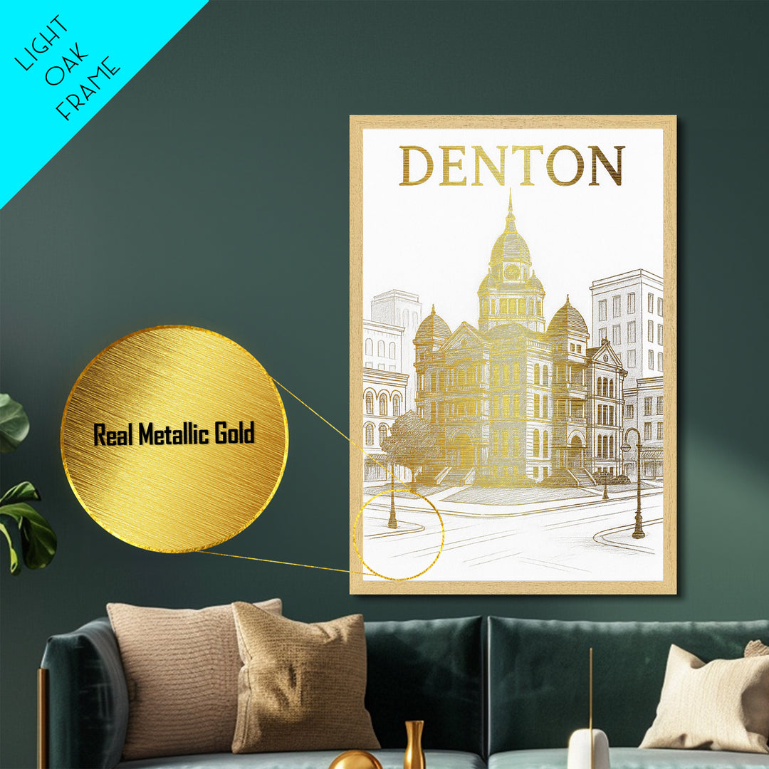 Denton Texas travel, Metallic Gold Print, College Dorm Décor, Metal Art, Wood Framed Art, Graduation Travel Gift, Traveler Gift