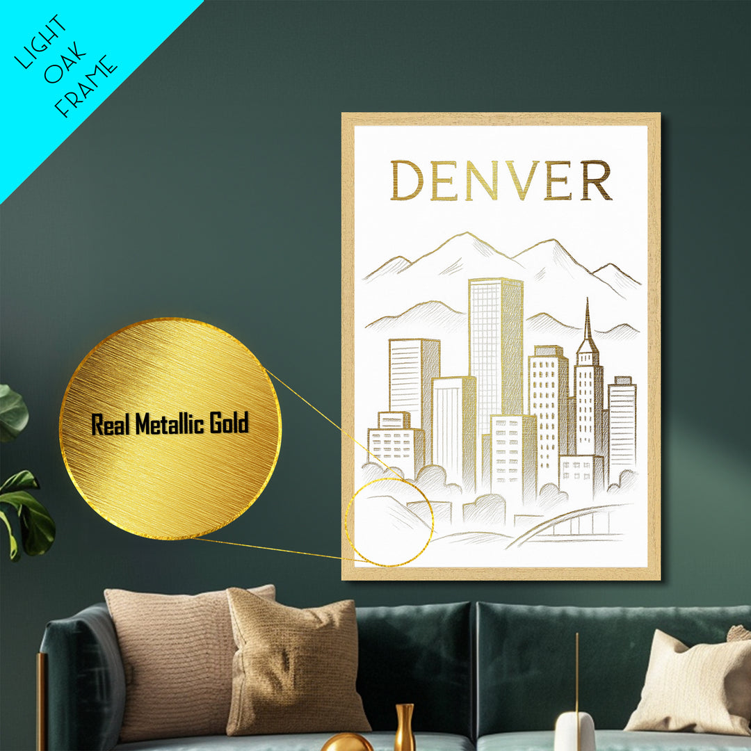 Denver Colorado travel, Metallic Gold Print, Modern Skyline Wall Print, Metal Art, Wood Framed Art, Adventure Lover Gift, Travel Gift