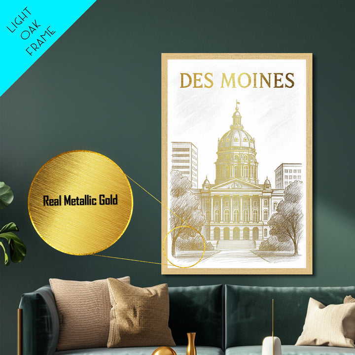 Des Moines Iowa travel, Metallic Gold Print, Closing Gift, Metal Art, Wood Framed Art, Anniversary Travel Gift, Retirement Travel Gift