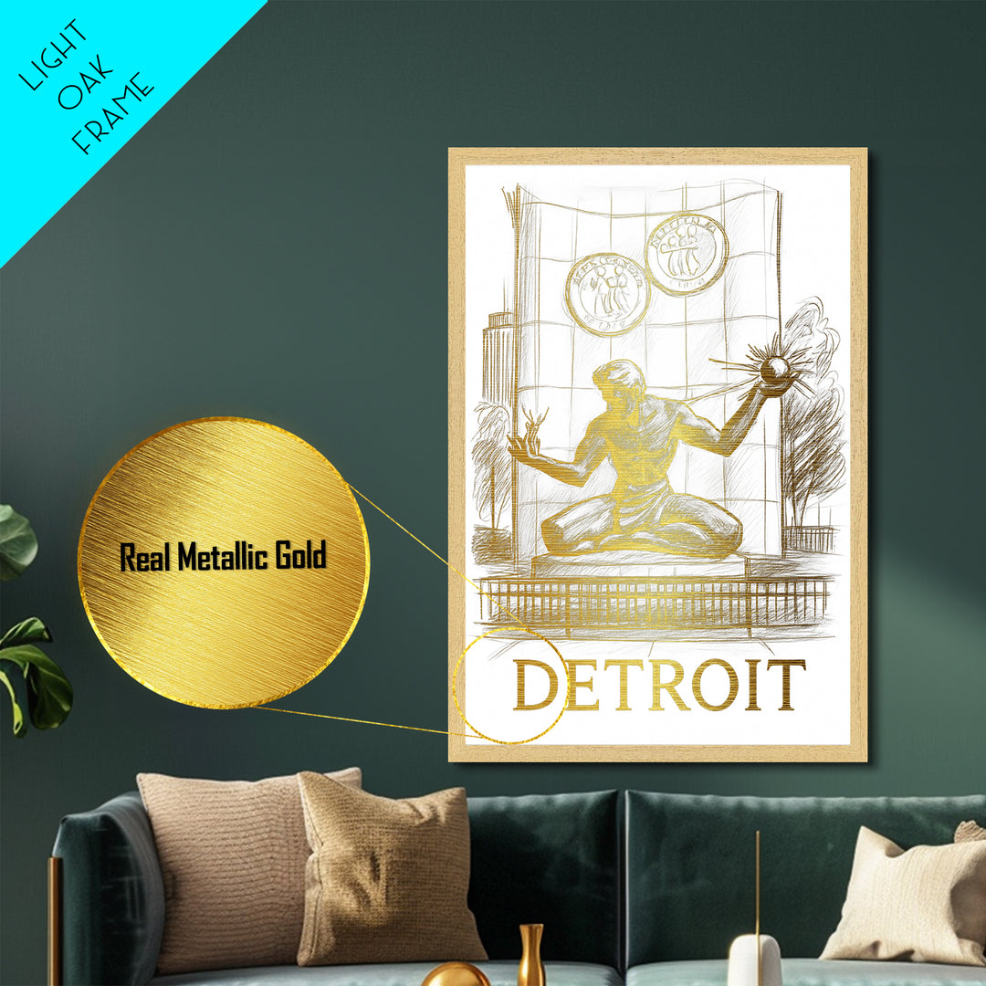 Detroit Michigan art, Metallic Gold Art, Travel Art Prints, Metal Art, Wood Framed Art, Adventure Lover Gift, Traveler Gift