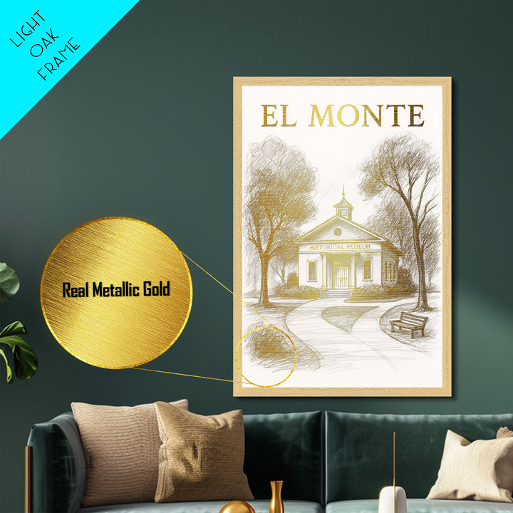El Monte California travel, Metallic Gold Print, Closing Gift, Metal Art, Wood Framed Art, Anniversary Travel Gift, Retirement Travel Gift