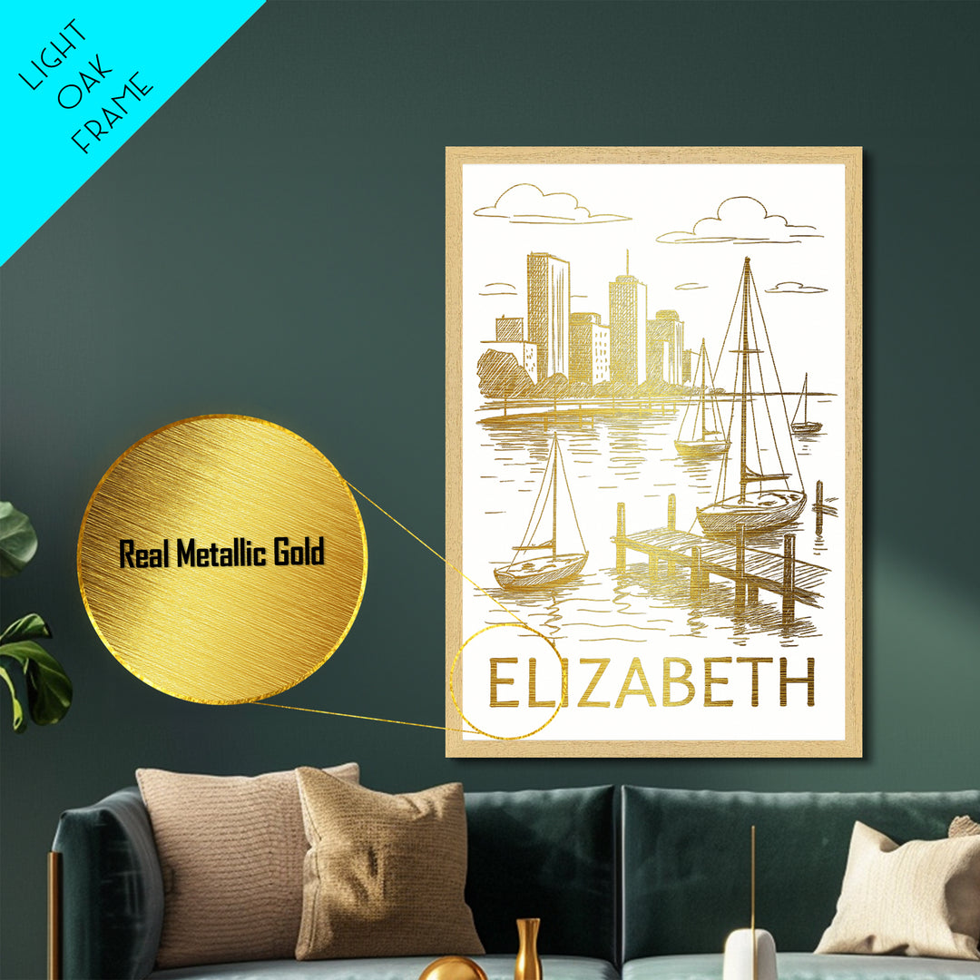 Elizabeth New Jersey art, Metallic Gold Art, Best Friend Gifts, Metal Art, Wood Framed Art, Birthday Travel Gift, Destination Gift