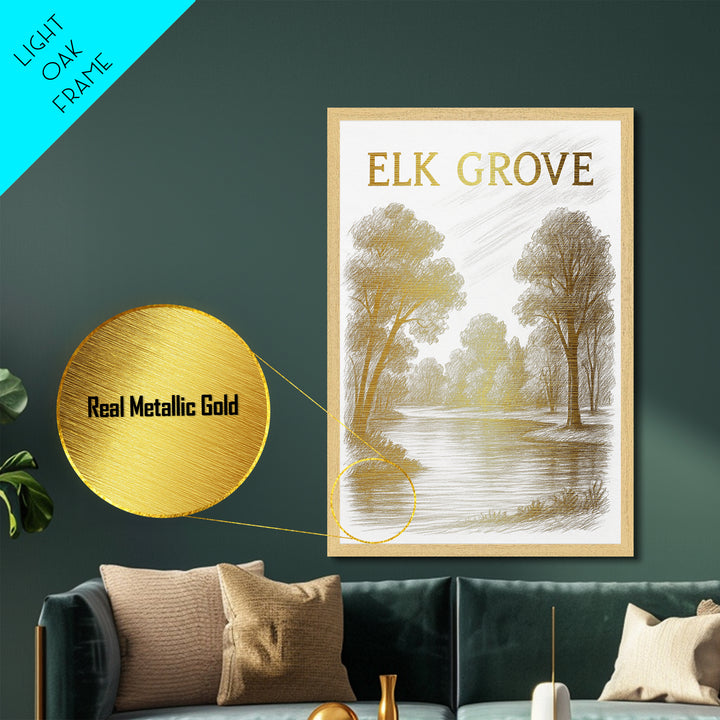Elk Grove California travel, Metallic Gold Print, Modern Skyline Wall Print, Metal Art, Wood Framed Art, Adventure Lover Gift, Travel Gift