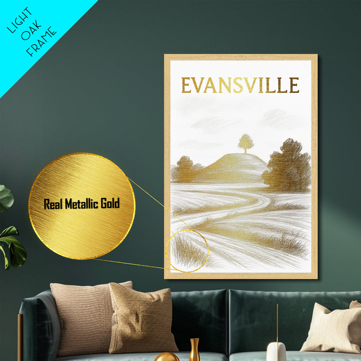 Evansville Indiana travel, Metallic Gold Print, Modern Skyline Wall Print, Metal Art, Wood Framed Art, Adventure Lover Gift, Travel Gift