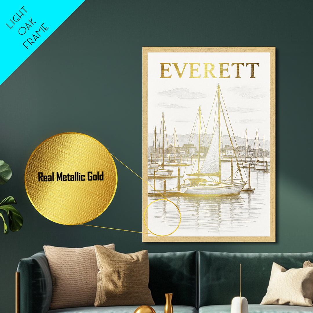 Everett Washington travel, Metallic Gold Print, Closing Gift, Metal Art, Wood Framed Art, Anniversary Travel Gift, Retirement Travel Gift