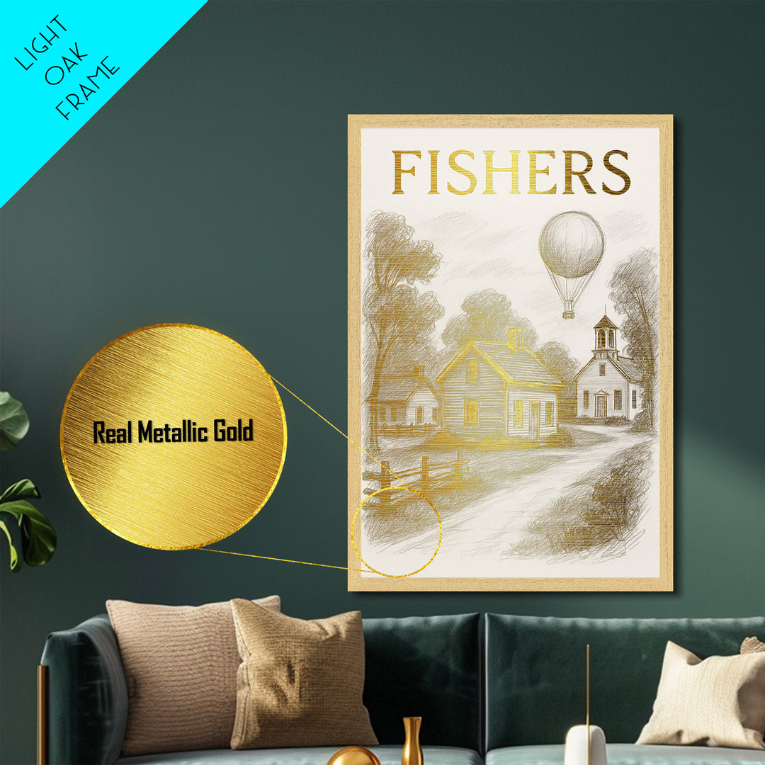 Fishers Indiana travel, Metallic Gold Print, Closing Gift, Metal Art, Wood Framed Art, Anniversary Travel Gift, Retirement Travel Gift