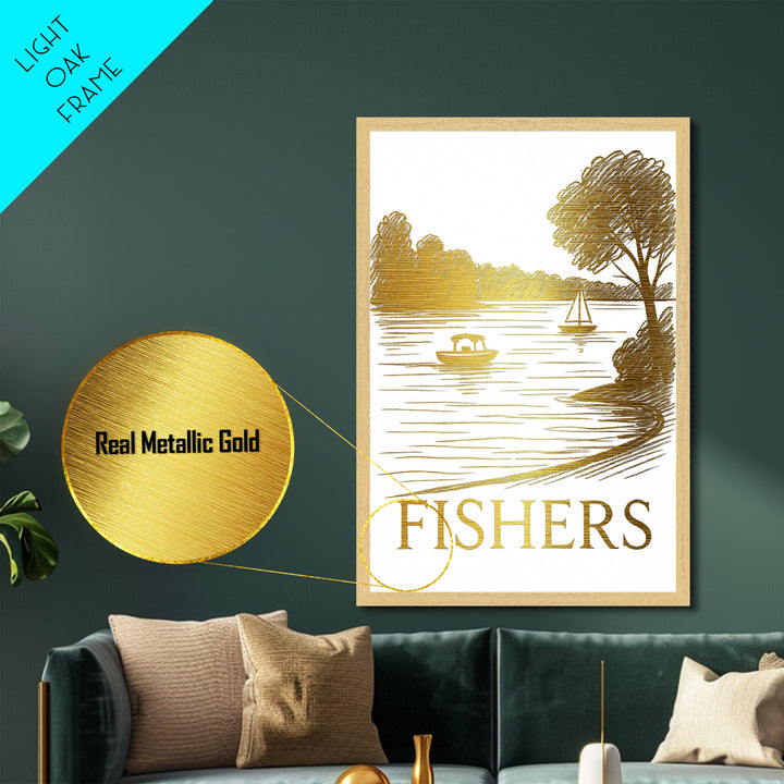 Fishers Indiana art, Metallic Gold Art, Office Decor, Metal Art, Wood Framed Art, Graduation Travel Gift, Destination Gift