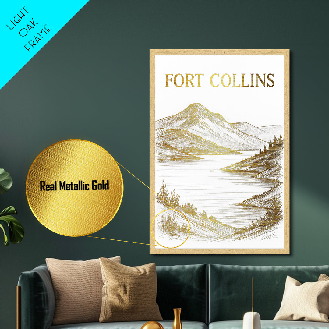 Fort Collins Colorado travel, Metallic Gold Print, Modern House Art, Metal Art, Wood Framed Art, Traveler Gift, Destination Gift