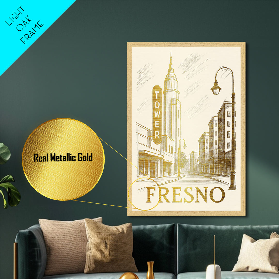 Fresno California art, Metallic Gold Art, Modern House Art, Metal Art, Wood Framed Art, Graduation Travel Gift
