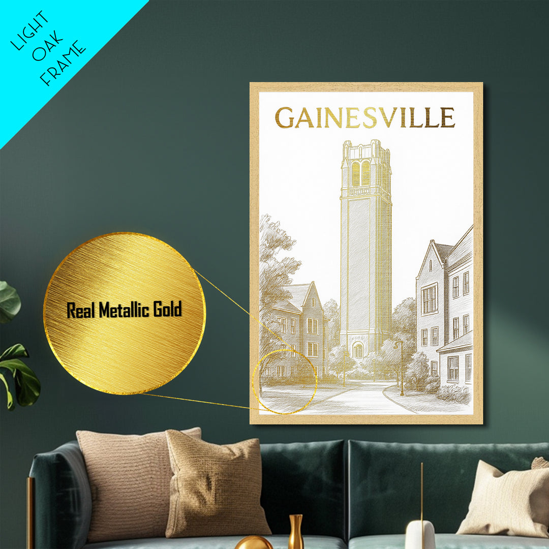 Gainesville Florida travel, Metallic Gold Print, Closing Gift, Metal Art, Wood Framed Art, Anniversary Travel Gift