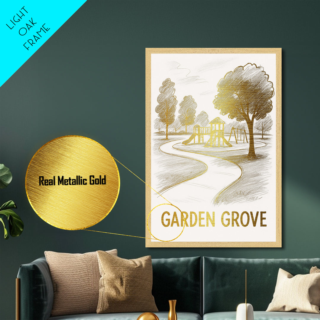 Garden Grove California art, Metallic Gold Art, Travel Art Prints, Metal Art, Wood Framed Art, Adventure Lover Gift
