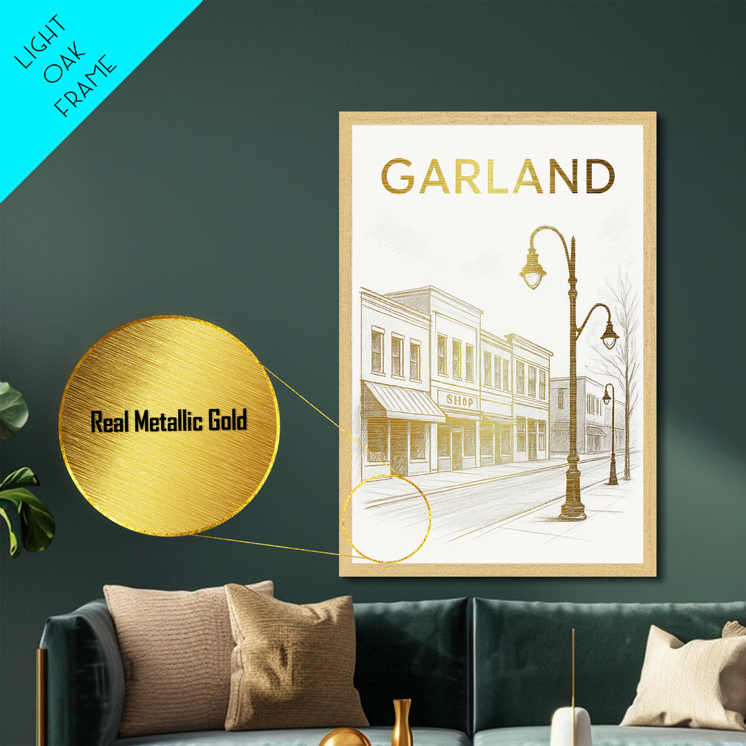 Garland Texas travel, Metallic Gold Print, Modern House Art, Metal Art, Wood Framed Art, Traveler Gift