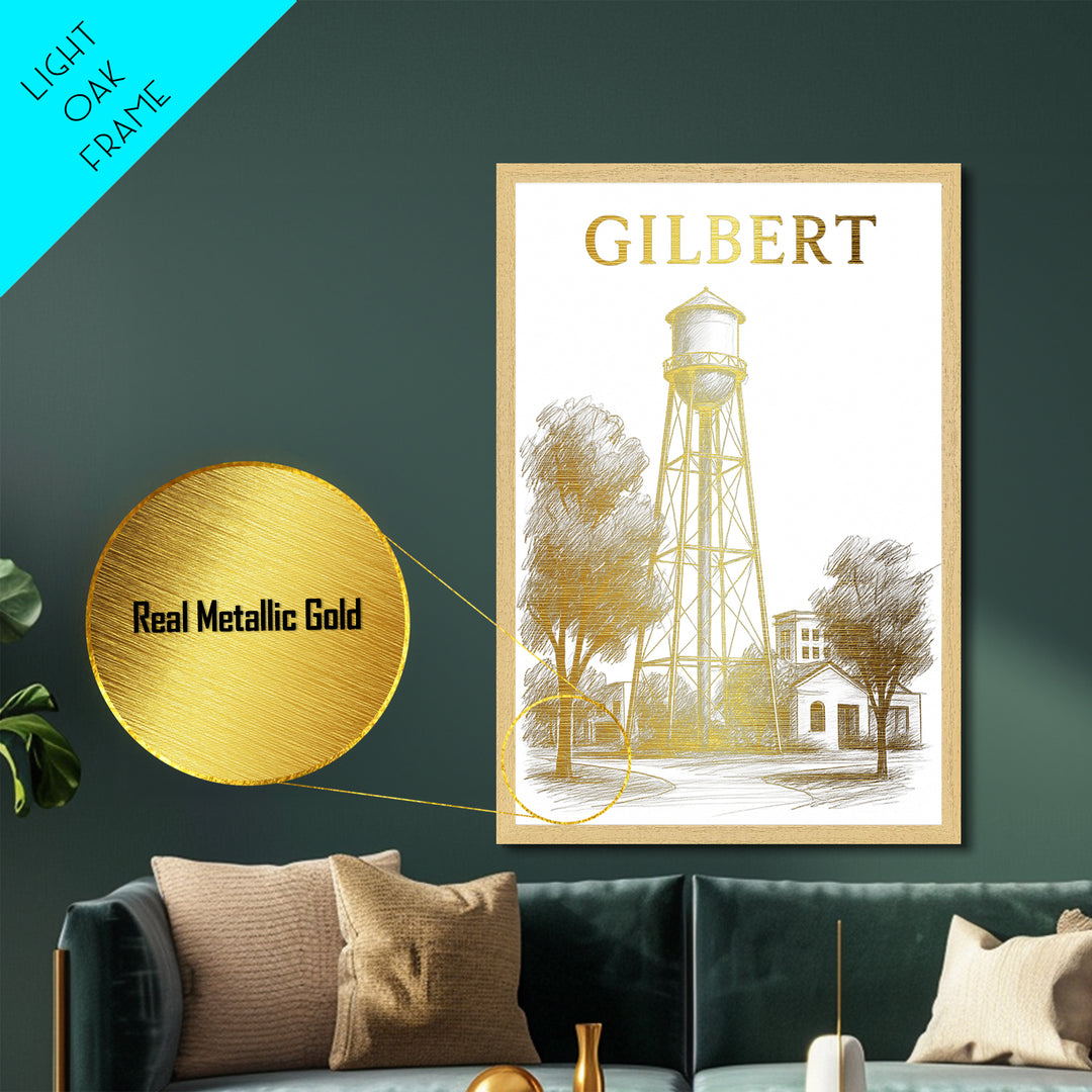 Gilbert Arizona travel, Metallic Gold Print, College Dorm Décor, Metal Art, Wood Framed Art, Graduation Travel Gift