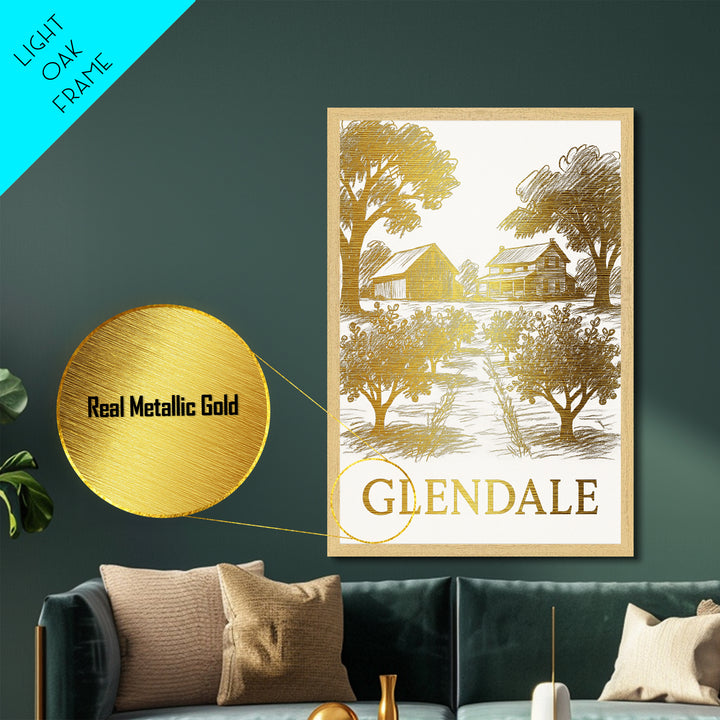 Glendale California art, Metallic Gold Art, Office Decor, Metal Art, Wood Framed Art, Graduation Travel Gift