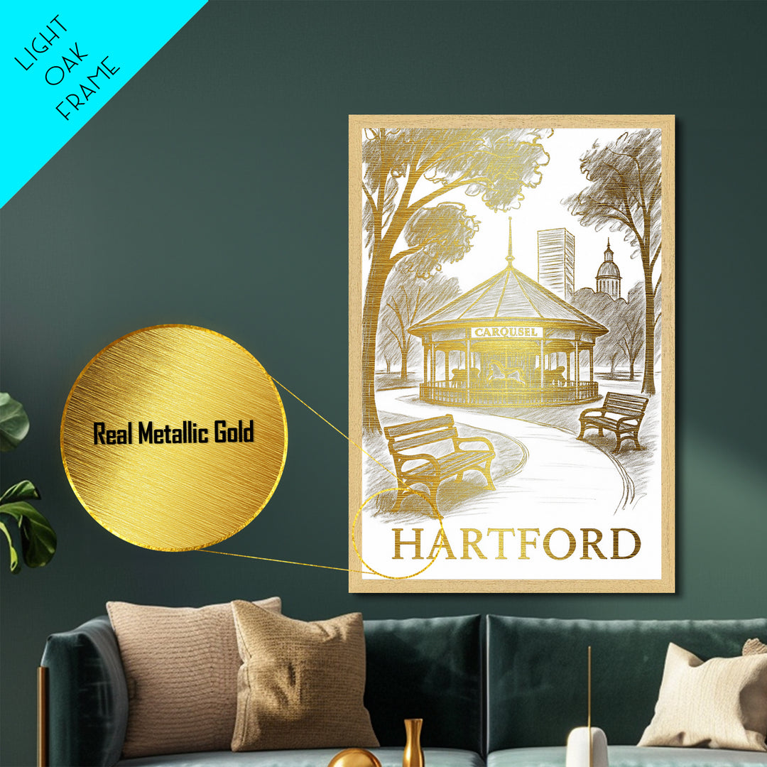 Hartford Connecticut art, Metallic Gold Art, Travel Art Prints, Metal Art, Wood Framed Art, Adventure Lover Gift, Traveler Gift