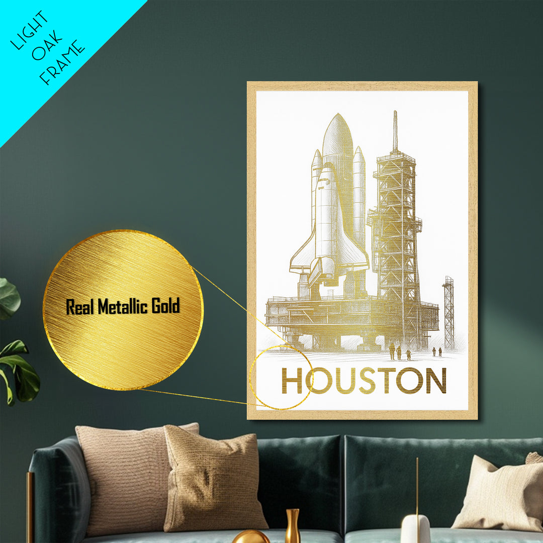 Houston Texas travel, Metallic Gold Print, Closing Gift, Metal Art, Wood Framed Art, Anniversary Travel Gift, Retirement Travel Gift
