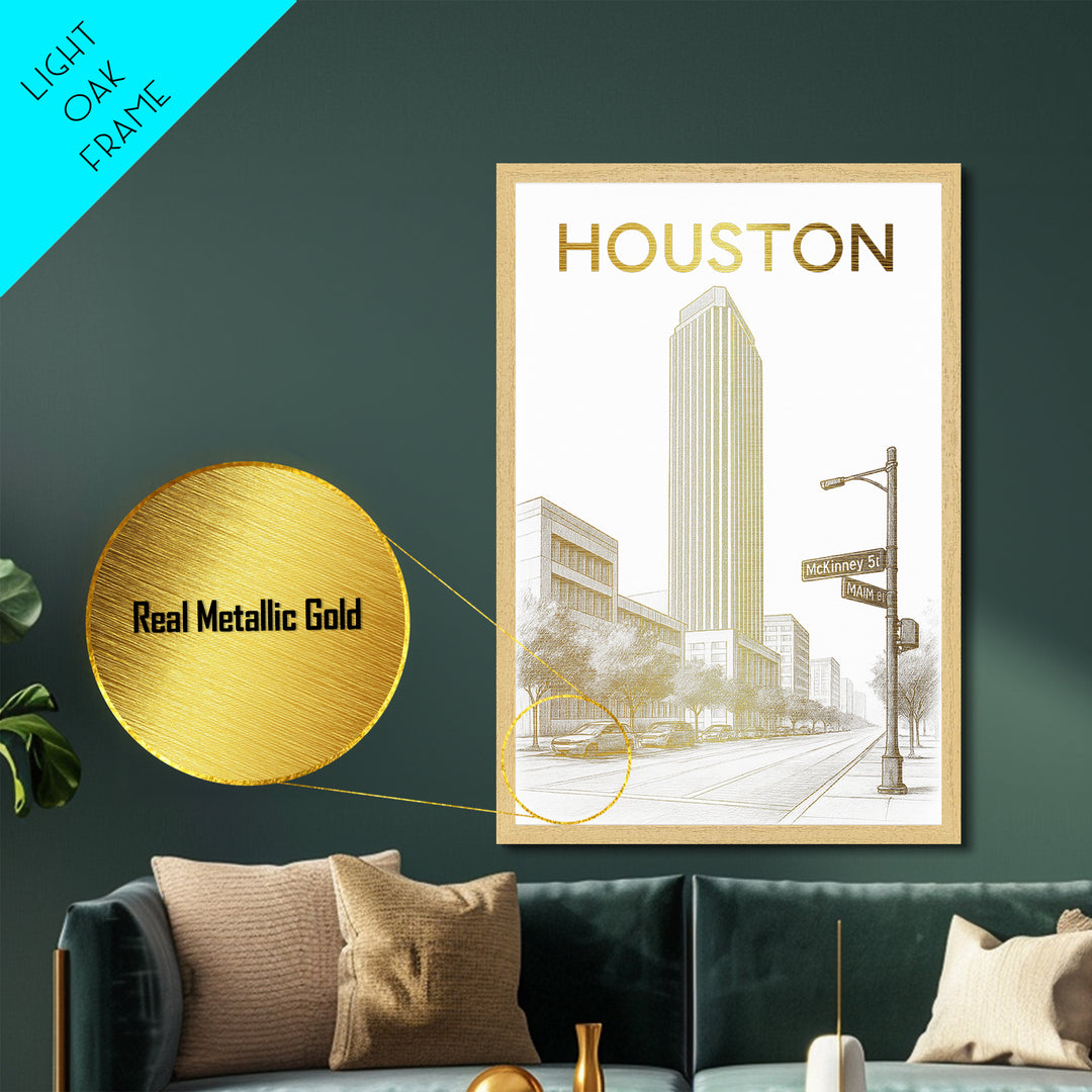 Houston Texas art, Metallic Gold Art, Office Decor, Metal Art, Wood Framed Art, Graduation Travel Gift, Destination Gift