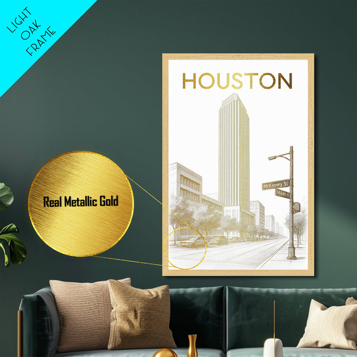 Houston Texas art, Metallic Gold Art, Office Decor, Metal Art, Wood Framed Art, Graduation Travel Gift, Destination Gift