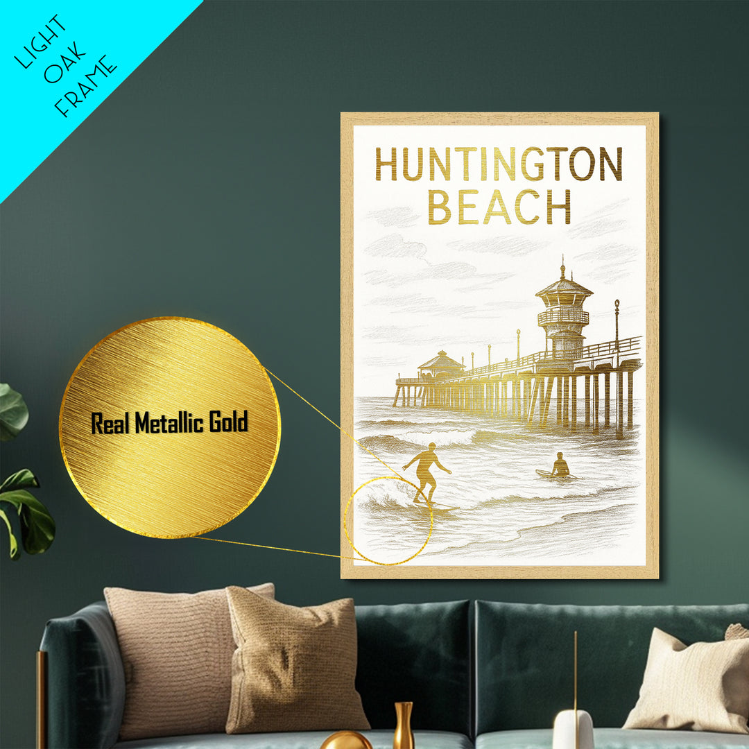 Huntington Beach California travel, Metallic Gold Print, Modern House Art, Metal Art, Wood Framed Art, Wanderlust Gift, Travel Art Prints