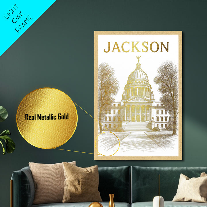 Jackson Mississippi travel, Metallic Gold Print, Closing Gift, Metal Art, Wood Framed Art, Anniversary Travel Gift, Retirement Travel Gift