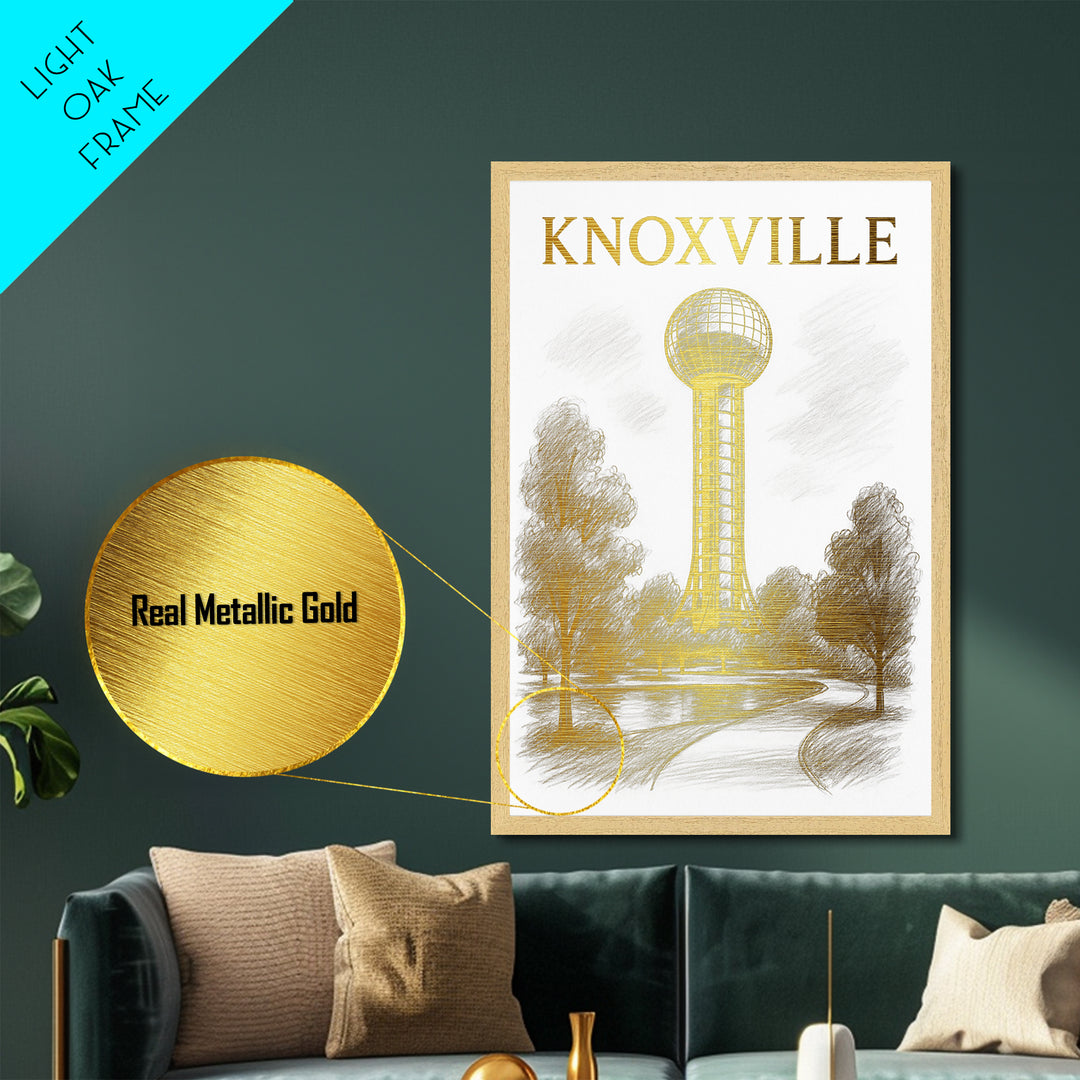 Knoxville Tennessee travel, Metallic Gold Print, Modern Skyline Wall Print, Metal Art, Wood Framed Art, Adventure Lover Gift, Travel Gift